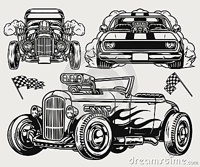 Powerful custom cars vintage monochrome concept Vector Illustration