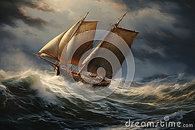 A powerful depiction of a sailboat navigating treacherous waves during a storm at sea., Sailboat on rough water, AI Generated, AI Stock Photo