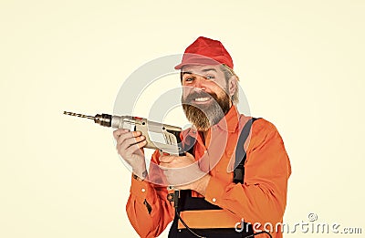 Powerful drill. Buy drill. Builder repairman makes hole. Safety measures. Drilling concept. For drilling solid wall you Stock Photo