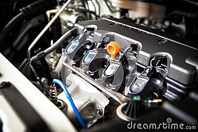 The powerful engine of a car. Internal design of engine with com Stock Photo