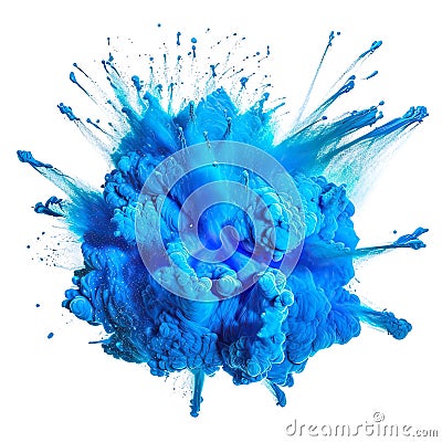Powerful explosion of blue holi powder on transparent background. Saturate blue smoke paint explosion, fume powder Stock Photo