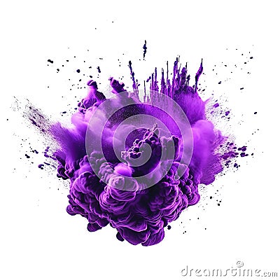 Powerful explosion of purple holi powder on transparent background. Saturate violet smoke paint explosion, fume powder Stock Photo