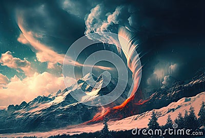 Powerful fire tornado in the snowy mountains. Generative AI Stock Photo