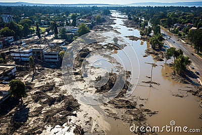 Devastating tsunami, portraying the immense destruction and chaos left in its wake. Stock Photo