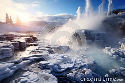 A powerful geyser releasing a forceful stream of water, shooting it high into the sky, Steaming geysers surrounded by fluffy snow Stock Photo