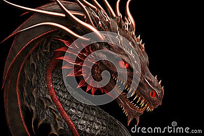 Powerful head of mythical red dragons with glowing eyes Stock Photo