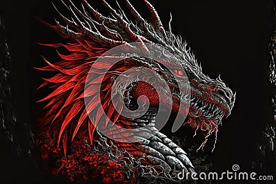 Powerful head of mythical red dragons with glowing eyes Stock Photo