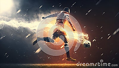Powerful hit ball with fire trail effect of soccer player at football game, strong soccer ball kicking Stock Photo