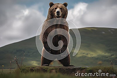 A powerful and intimidating Kodiak Bear standing on its hind legs, showing off its powerful and intimidating nature. Generative AI Stock Photo