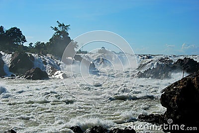 The powerful Khone Phapheng Waterfalls near Don Det Stock Photo