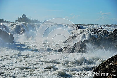 The powerful Khone Phapheng Waterfalls near Don Det Stock Photo