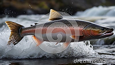 Leap of a salmon as it journeys upstream Stock Photo