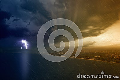 Powerful lightning struck seaside city Stock Photo