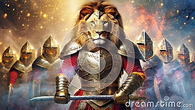 Powerful lion knight holding a sword, surrounded by a loyal army of lions. Stock Photo