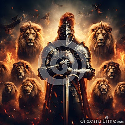 Powerful lion knight holding a sword, surrounded by a loyal army of lions. Stock Photo