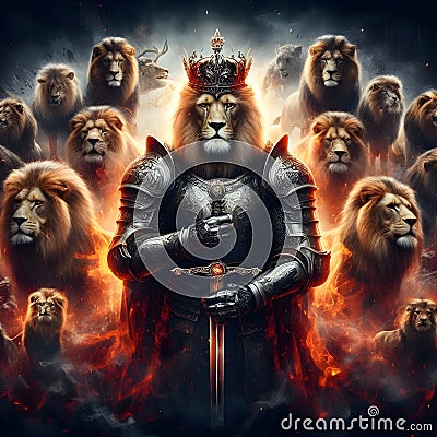 Powerful lion knight holding a sword, surrounded by a loyal army of lions. Stock Photo