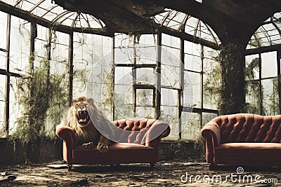 Powerful lion roaring in a majestic and regal pose on a red Victorian-style couch in an abandoned greenhouse Stock Photo