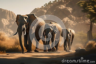 A powerful and majestic elephant family walking together Generative AI Stock Photo