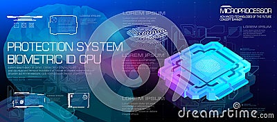 CPU Concept. Powerful microprocessor of the future.Protection system. Biometric ID. New generation processor for Vector Illustration