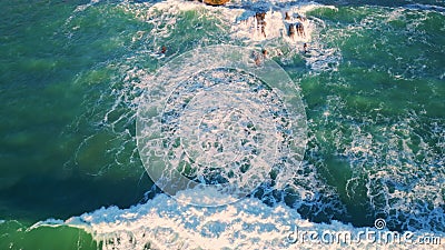 Powerful ocean washing shoreline closeup. Aerial stormy foam waves landscape Stock Photo