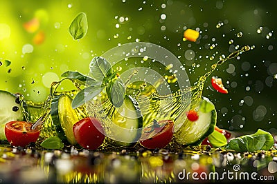 Powerful olive oil explosion, slised cucumber, herbs and tomatos, green Background Stock Photo