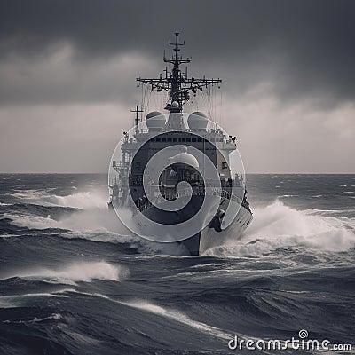 Navy ship braving rough seas in overcast weather Stock Photo
