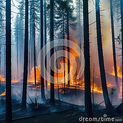 A powerful photograph of a forest engulfed in thick smoke from emphasizing the urgent need for forest fire prevention and Cartoon Illustration