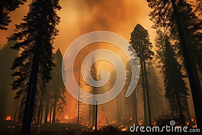 A powerful photograph of a forest engulfed in thick smoke from wildfires, emphasizing the urgent need for forest fire prevention Stock Photo