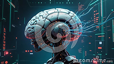 Powerful Robot Brain is Powered by Neural Wires. Generative AI Cartoon Illustration