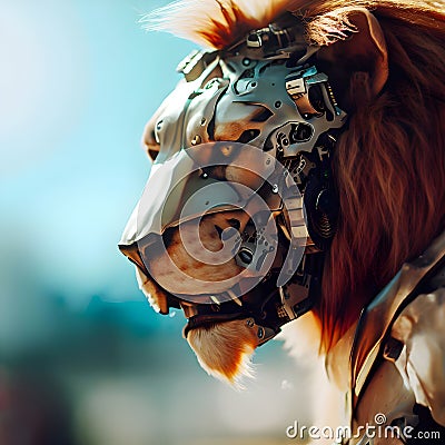 powerful robot lion portrait. Futuristic cyborg animal, predator or hunter. Big cat with metal, high technology machine Stock Photo