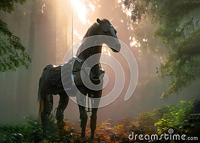 Powerful robot, metal horse in forest. Animal knight, metal cyborg horse Stock Photo