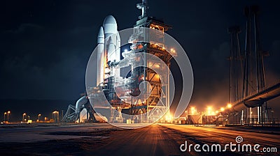 Powerful rocket and space launch system before start at night, spaceship on sky background. Concept of travel, technology, science Stock Photo