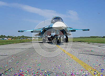 Powerful Russian military jet fighter plane on the runway of the SU-34 two jet turbine engine Editorial Stock Photo