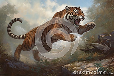 A powerful sabertoothed tiger leaping high into the air as it snags its dinner.. AI generation Stock Photo