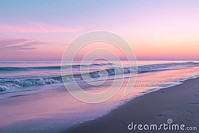 A powerful scene of waves crashing onto the sandy shore of a beach with intense force, A serene beach at dawn with pastel hues, AI Stock Photo