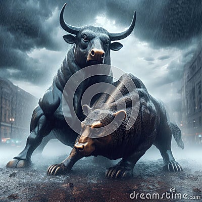 Powerful statue of the bull and bear metaphor for financial institutions in torrential rain Stock Photo