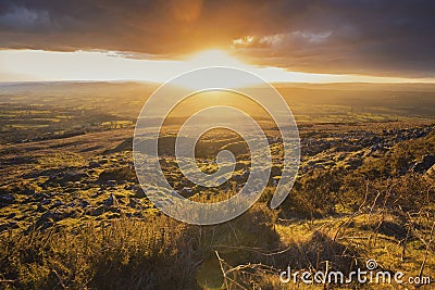 Powerful Sunset Light over British Countryside Stock Photo