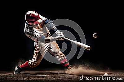 Powerful Swing: A Baseball Player Showcasing Precision and Strength on a Dark Canvas, created with Generative AI Stock Photo
