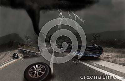 Powerful tornado with dramatic lightning storm. Two cars crashed and turned upside down on a highway Stock Photo