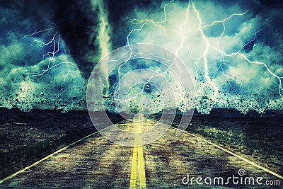 Powerful Tornado On Road In Stormy. Stock Photo
