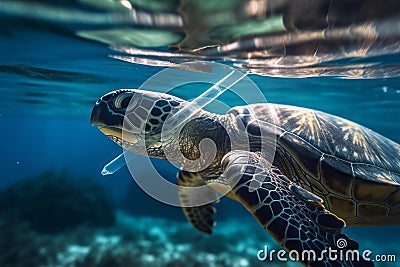 A powerful underwater shot of a plastic straw lodged in the nostril of a sea turtle, serving as a reminder of the harmful effects Stock Photo