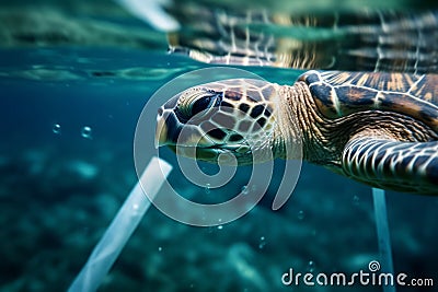 A powerful underwater shot of a plastic straw lodged in the nostril of a sea turtle, serving as a reminder of the harmful effects Stock Photo