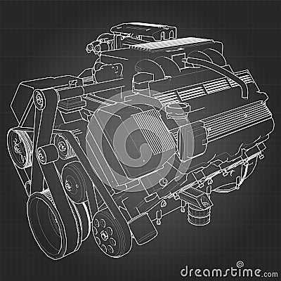 Powerful V8 car engine. The engine is drawn with white lines on a black sheet in a cage Stock Photo