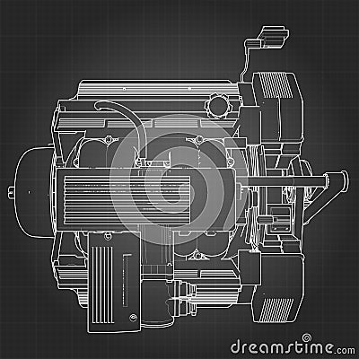Powerful V8 car engine. The engine is drawn with white lines on a black sheet in a cage Stock Photo