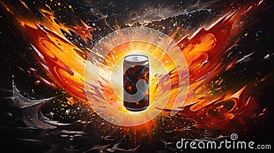 A powerful visual of an energy drink can amidst a cosmic explosion of energy, stars and streaks of light surrounding it Stock Photo