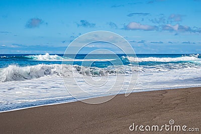 Wave bursting on the black sand of Santa Bárbara beach on the island of São Miguel, Azores PORTUGAL Stock Photo