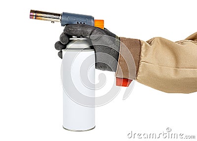 Powerful welding gas torch in man hand in black protective glove and brown uniform isolated on white background Stock Photo