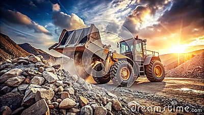 Powerful Wheel Loader Unloads Aggregate at Busy Construction Site Efficient Material Handling in Action Stock Photo