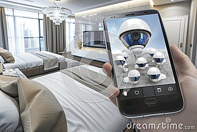 Powerful Wi-Fi and network automation simplify security management oversee remote view, alarms, and camera coverage. Cartoon Illustration