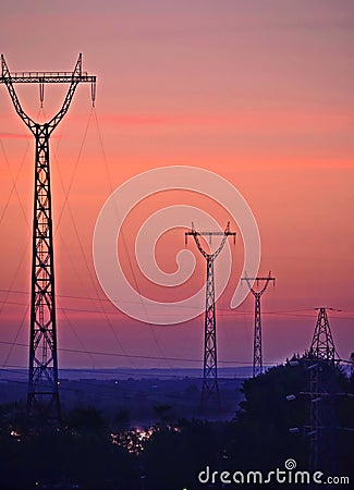 Powerline tower on sunset Stock Photo